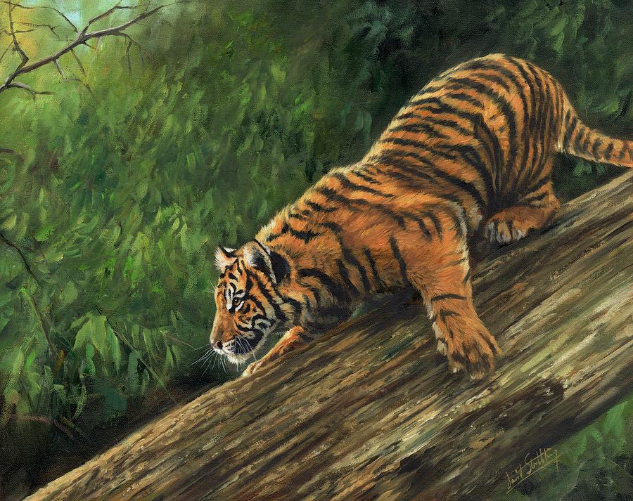 Tiger Painting - Tiger Descending Tree by David Stribbling
