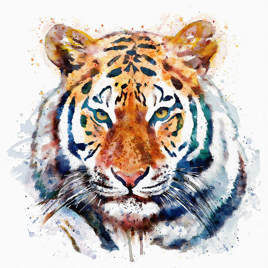 Nature Painting - Tiger Head watercolor by Marian Voicu