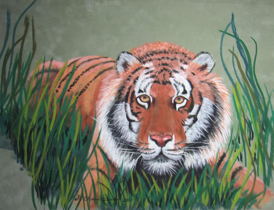 Tiger In The Grass Painting by Donna Chambers