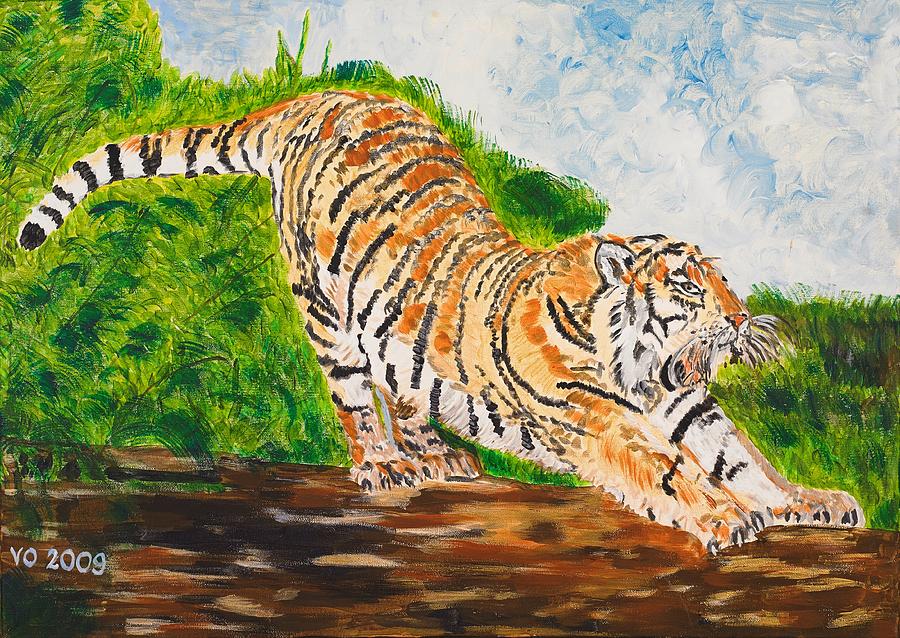 Tiger Stretching Painting by Valerie Ornstein