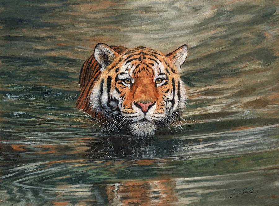 Tiger Swimming Painting by David Stribbling