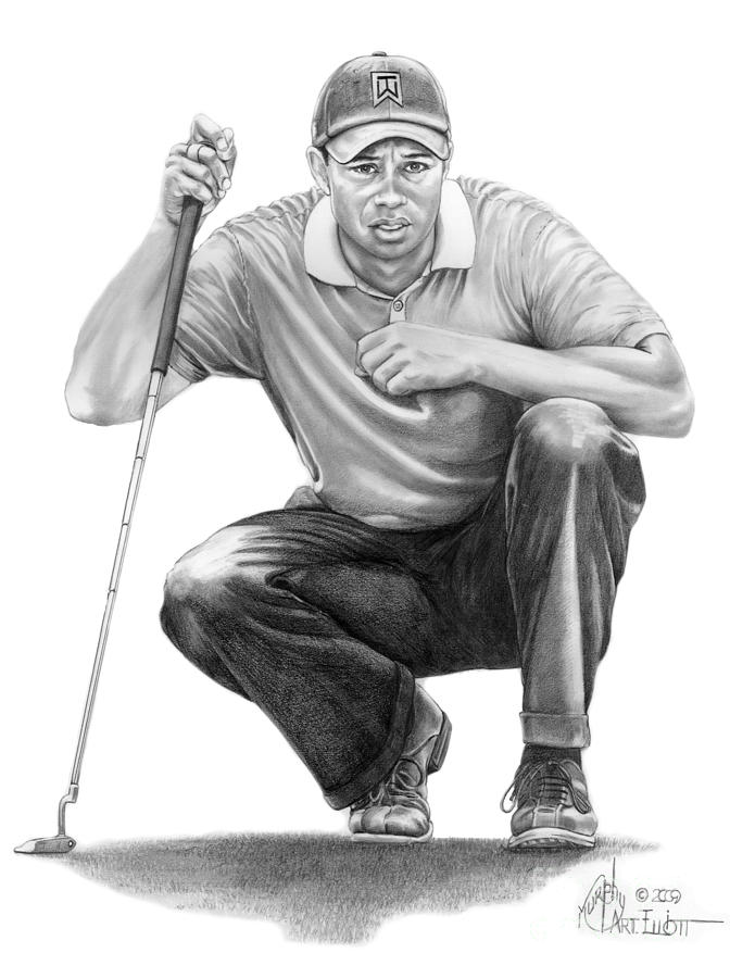 Tiger Woods Crouching Tiger Drawing by Murphy Elliott