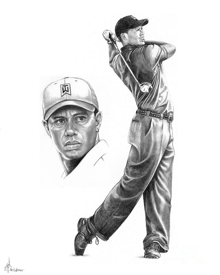 Golf Drawing - Tiger Woods Intense by Murphy Elliott