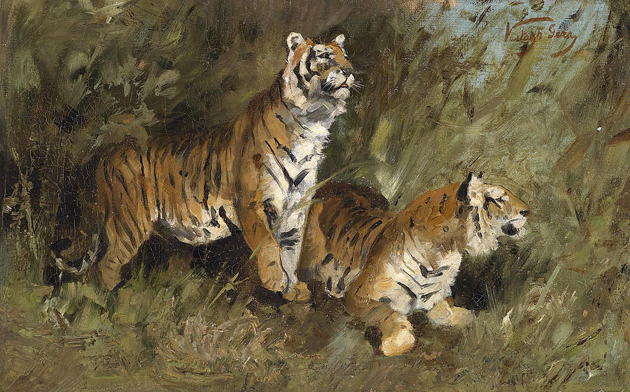 Tigers in Tall Grass Painting by Geza Vastagh
