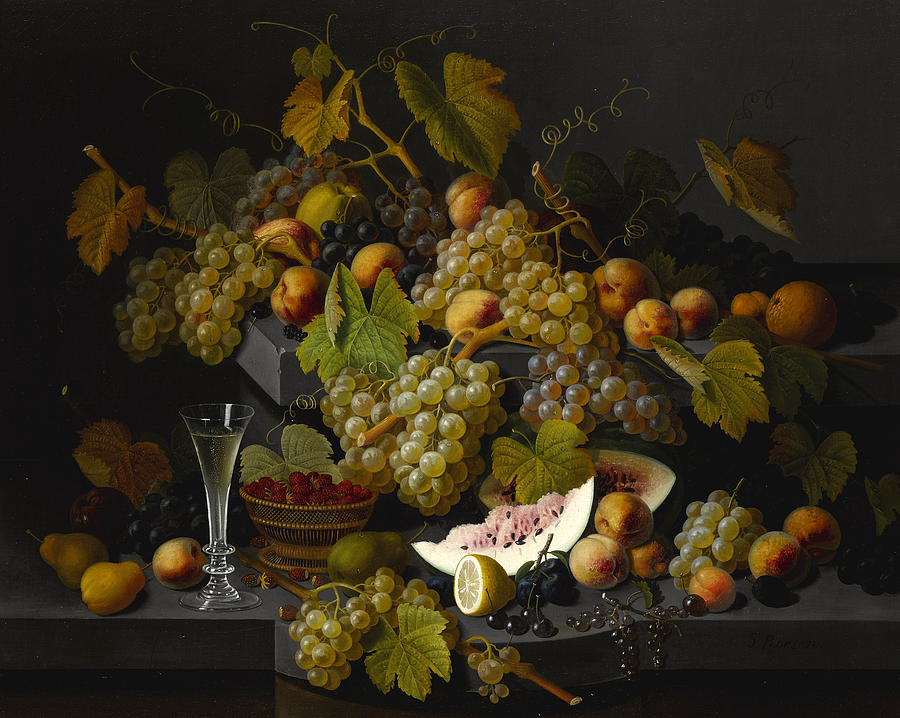 Still life with fruit and a glass of champagne Painting by Severin Roesen