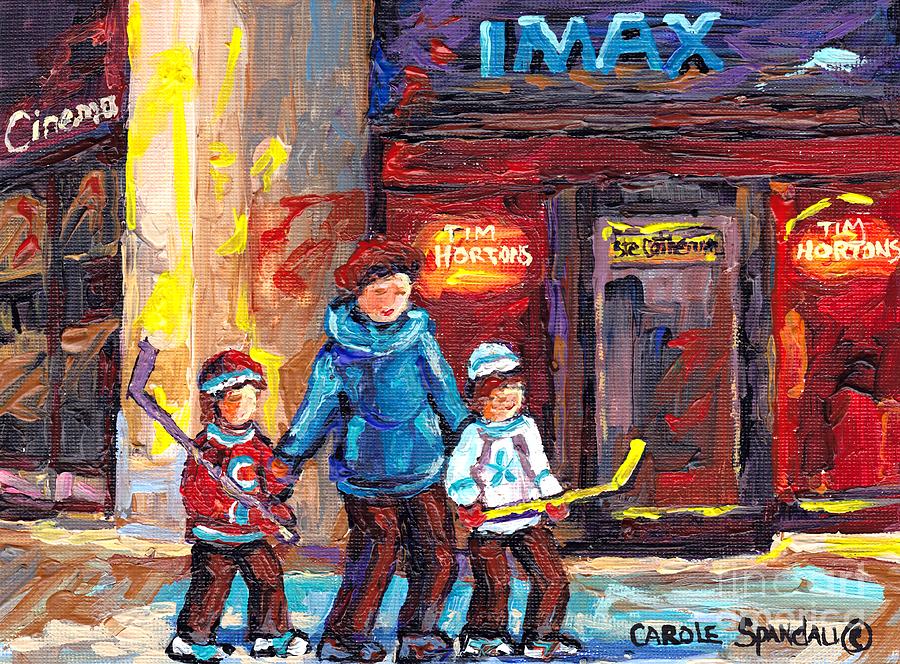 Winter Painting - Tim Horton Imax Theatre Downtown Scene Montreal 375 Original Art Canadian Painting Carole Spandau by Carole Spandau