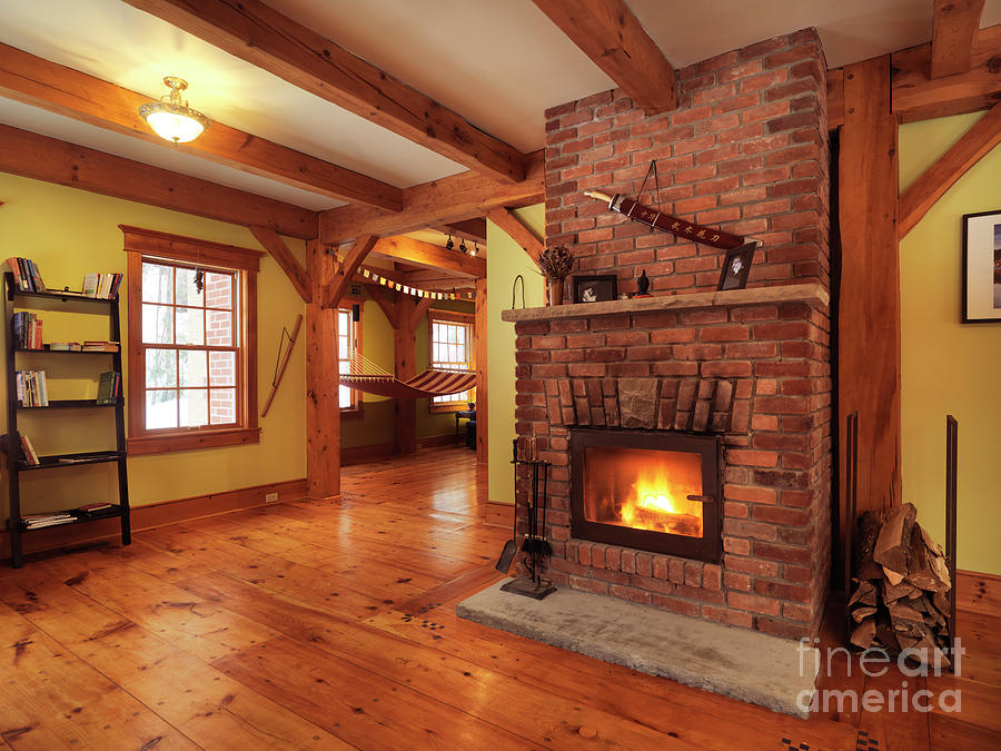 Timberframe Canadian House Interior Living Room With Burning Fir By Awen Fine Art Prints