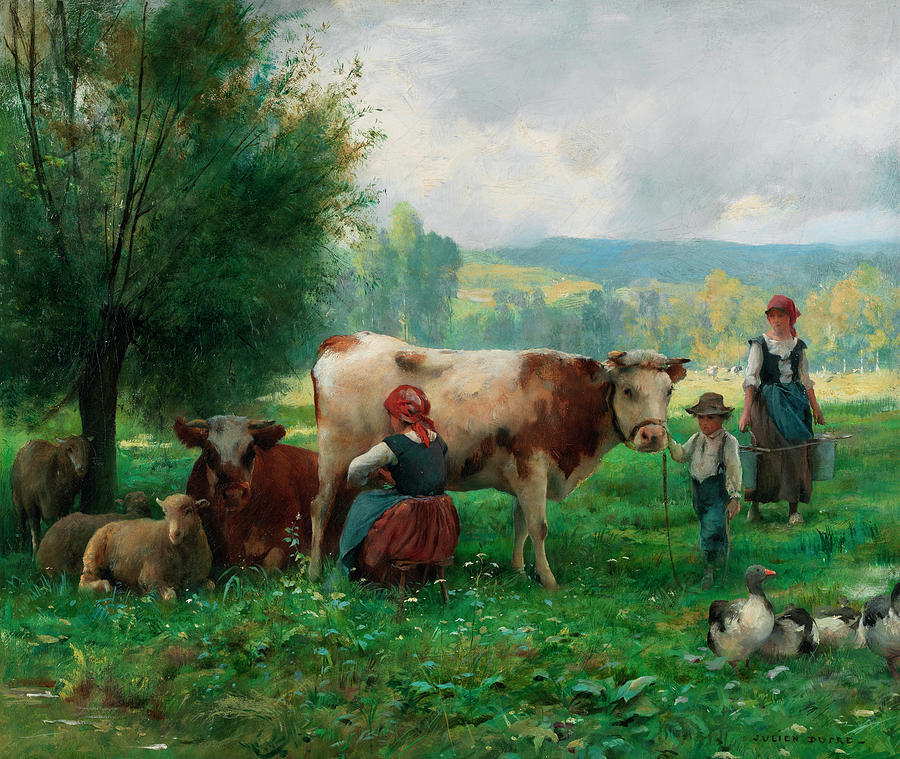 Julien Dupre Painting - Time of milking by Julien Dupre