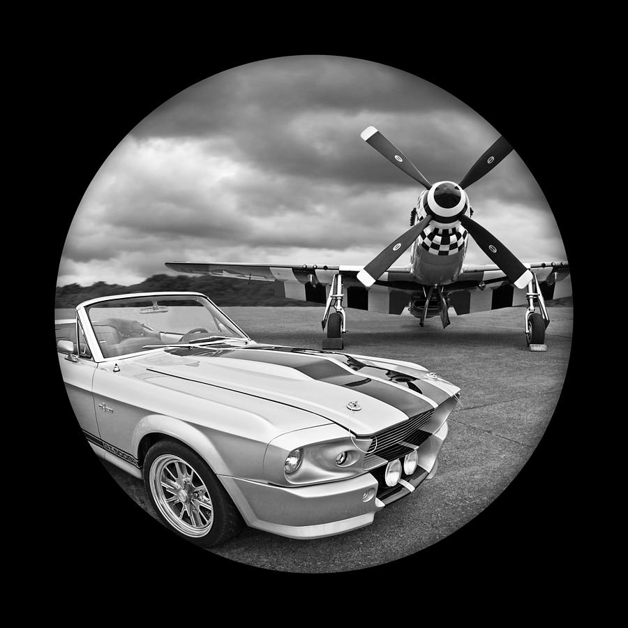 Black And White Photograph - Time Portal - Mustang With P-51 by Gill Billington