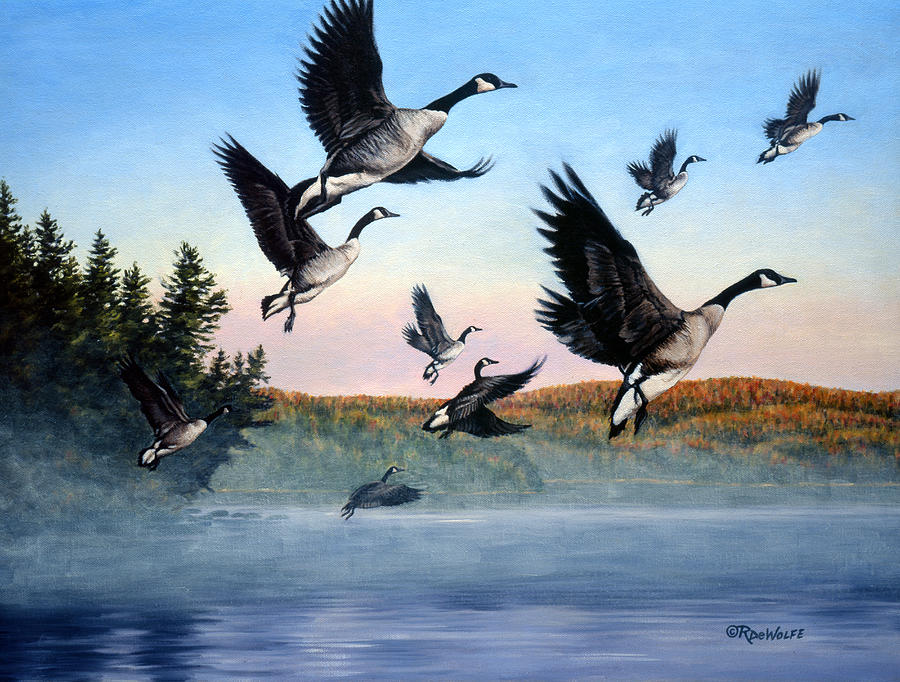 Geese Painting - Time To Go by Richard De Wolfe