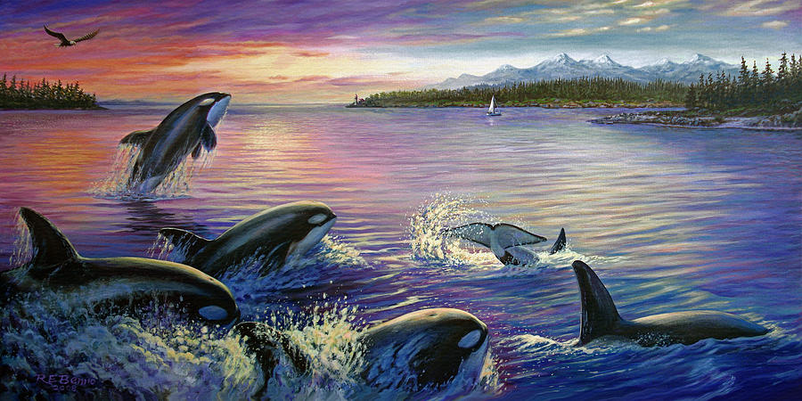 Killer Whales Painting - Time To Rise - Orcas by Reb Benno