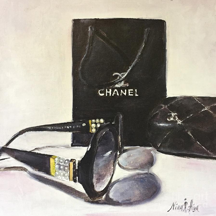 Still Life Painting - Timeless Accessories. Chanel Pearl Glasses Gift Box by Nina R Aide Still Life Painting - Timeless Accessories. Chanel Pearl Glasses Gift Box by Nina R Aide
