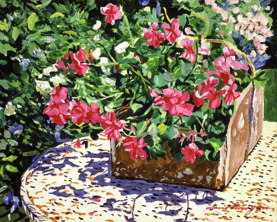 Tin Flower Box On Wicker Table Painting by David Lloyd Glover
