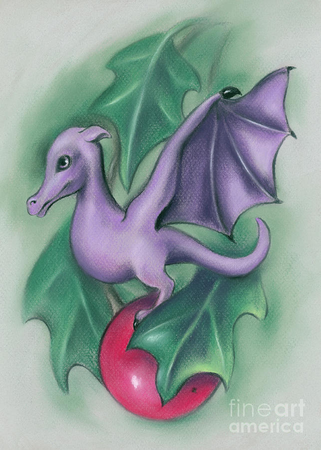 Tiny Dragon on a Holly Berry Pastel by MM Anderson