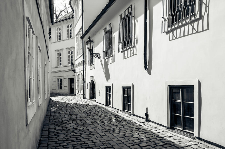 Tiny Romantic Streets of Prague. Rasnovka. Monochrome Photograph by Jenny Rainbow