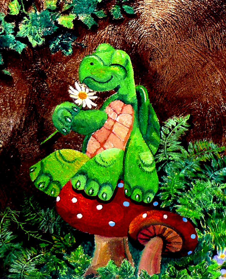 Tiny Toadstool Turtle Painting by Hanne Lore Koehler