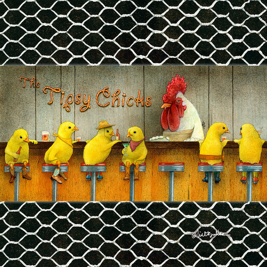 Rooster Painting - Tipsy Chicks... by Will Bullas