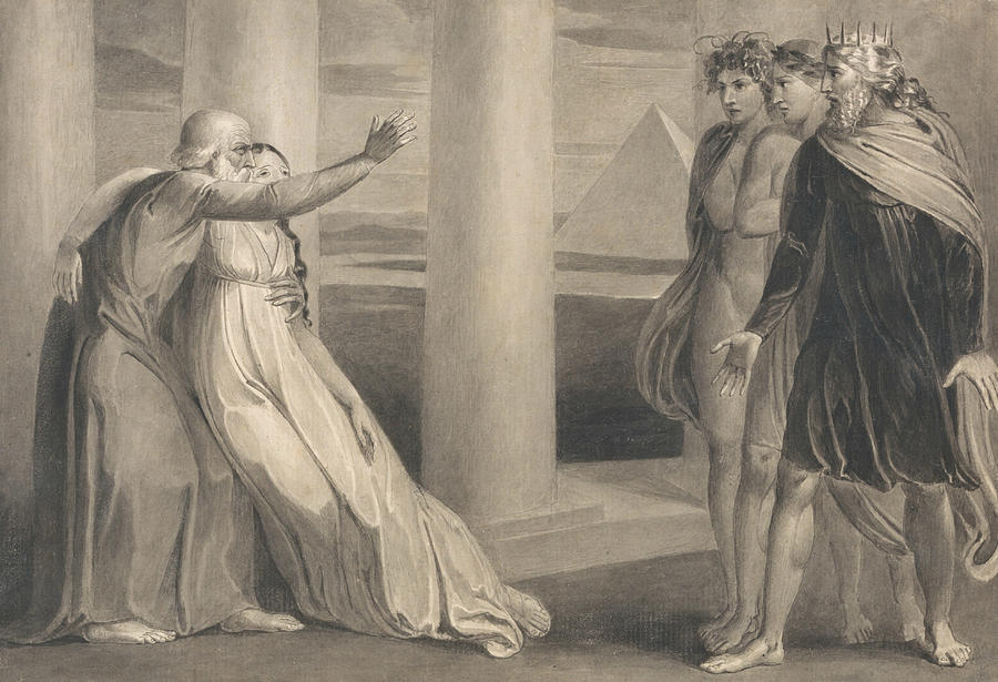 Tiriel Supporting the Dying Myratana and Cursing His Sons Drawing by William Blake