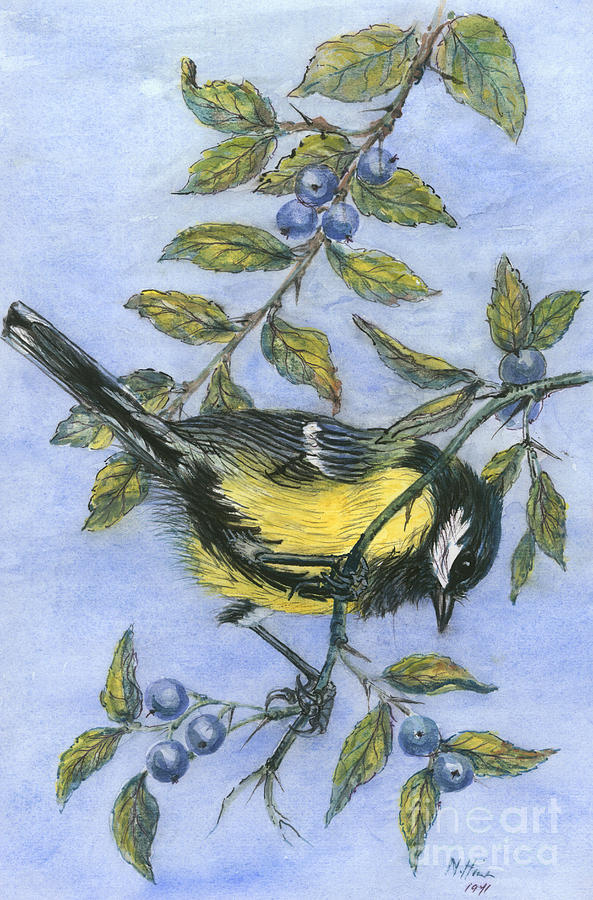 Bird Painting - Tit in blackthorn and sloe by Nell Hill