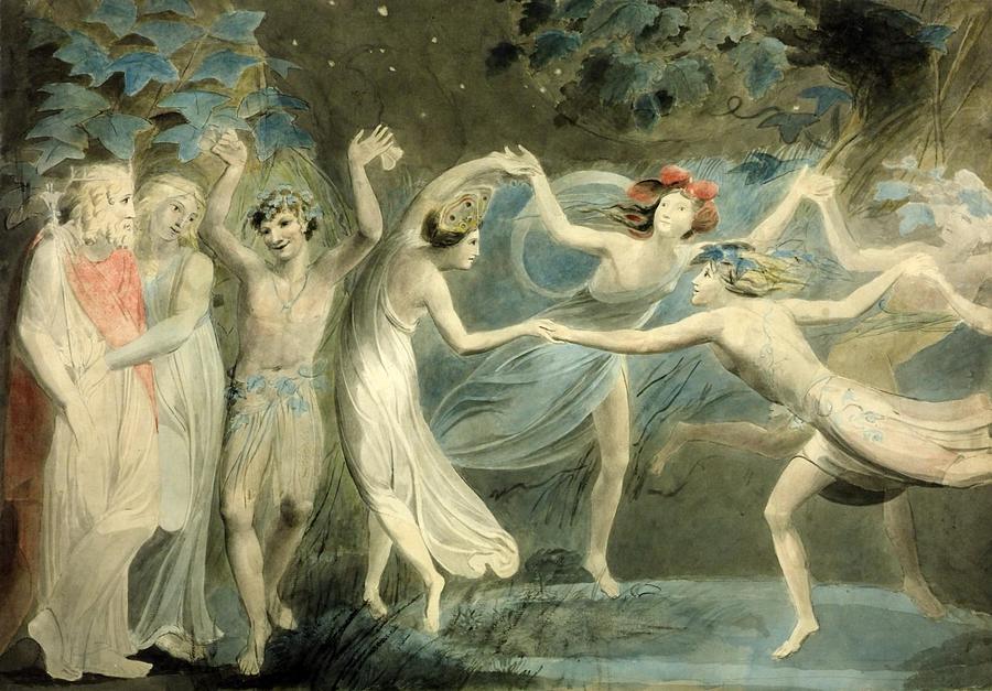 Titania and Puck with Fairies Dancing Painting by William Blake