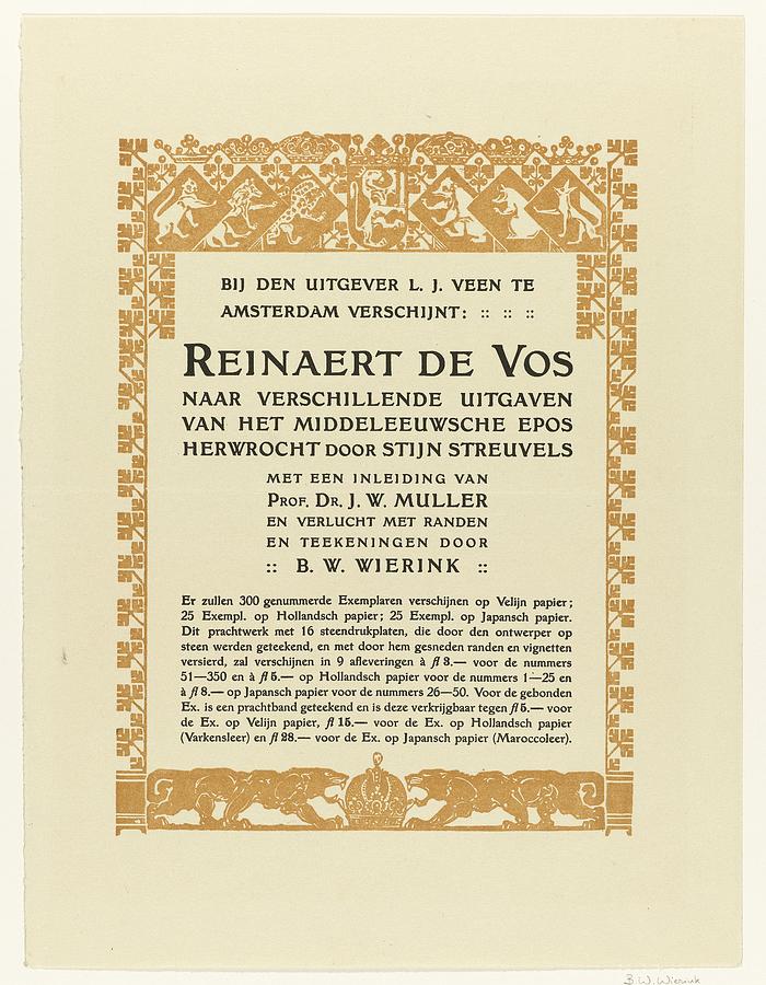 Titel en inteekenbiljet voor Reinaert de Vos, Bernard Willem Wierink, 1866 - 1939 Painting by Celestial Images