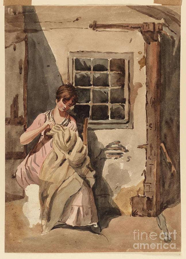 Title A Girl Sewing at a Cottage Door Painting by MotionAge Designs