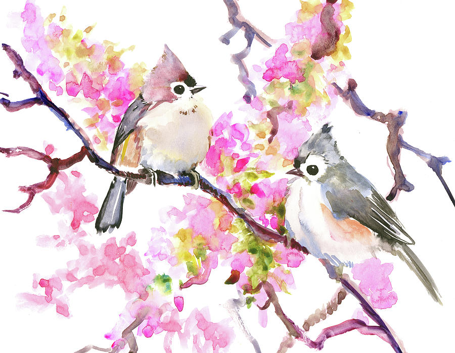 Titmouse Painting - Titmice and Cheery Blossom by Suren Nersisyan