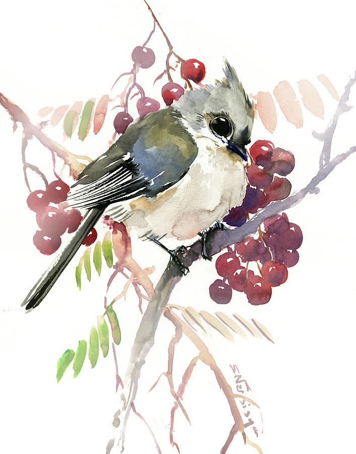 Titmouse and Berries Painting by Suren Nersisyan