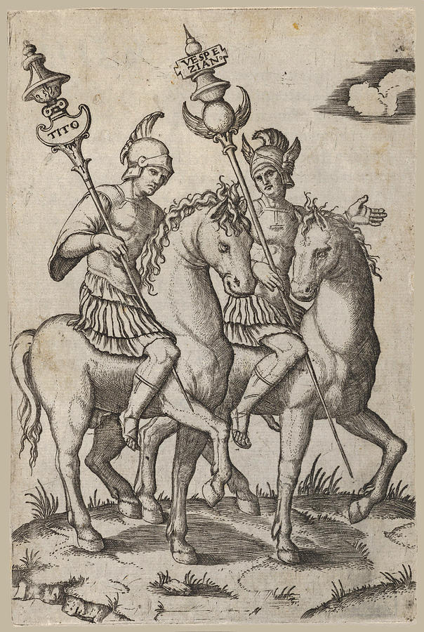 Titus and Vespanian both on horseback Drawing by Marcantonio Raimondi