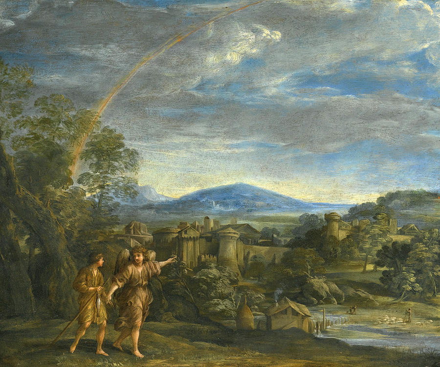 Tobias and the Archangel Raphael in a landscape Painting by Giovanni Francesco Romanelli