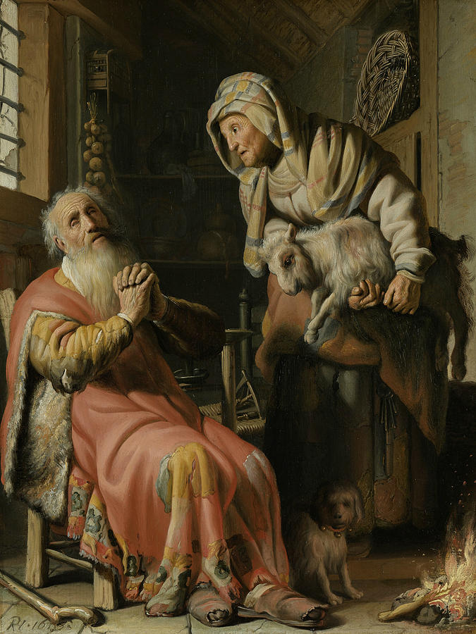 Tobit and Anna with the Kid Goat Painting by Rembrandt