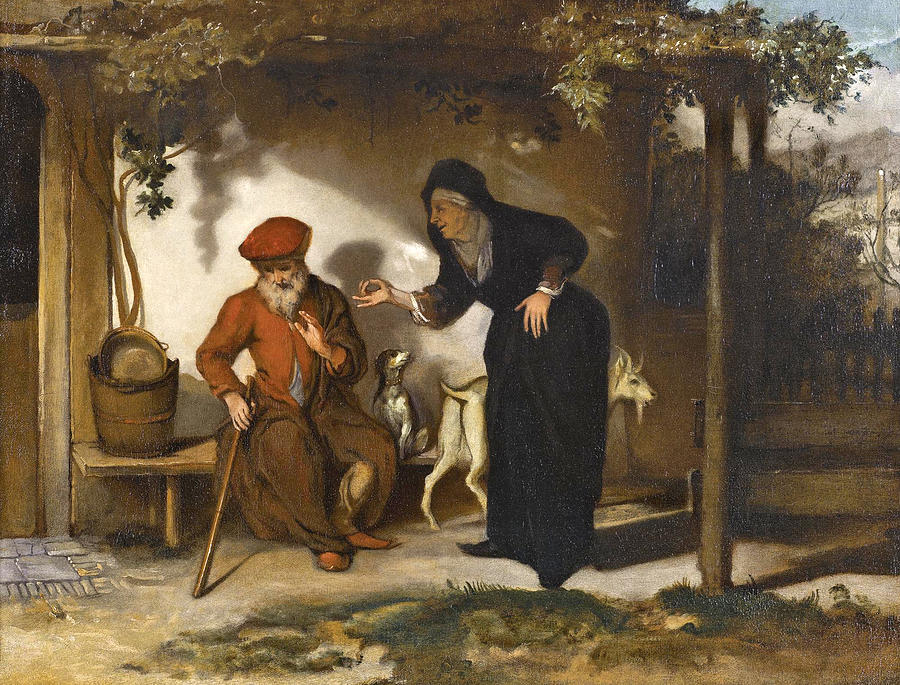 Tobit and his wife Anna with a goat Painting by Barent Fabritius