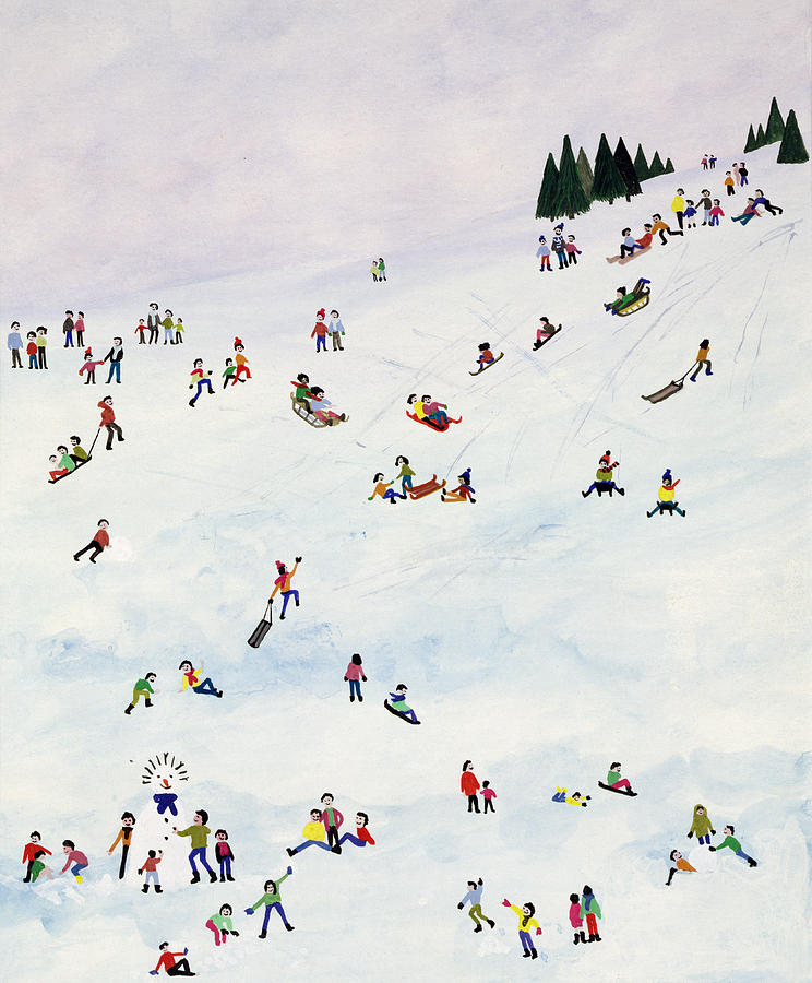 Winter Painting - Toboggan Or Not To Toboggan by Judy Joel