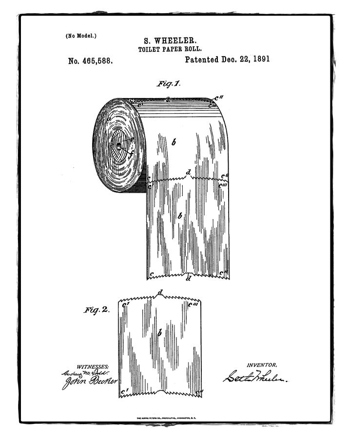 Toilet Paper Roll Patent 1891 White Photograph by Bill Cannon