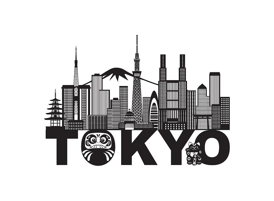Tokyo City Skyline Text Black and White Illustration by Jit Lim
