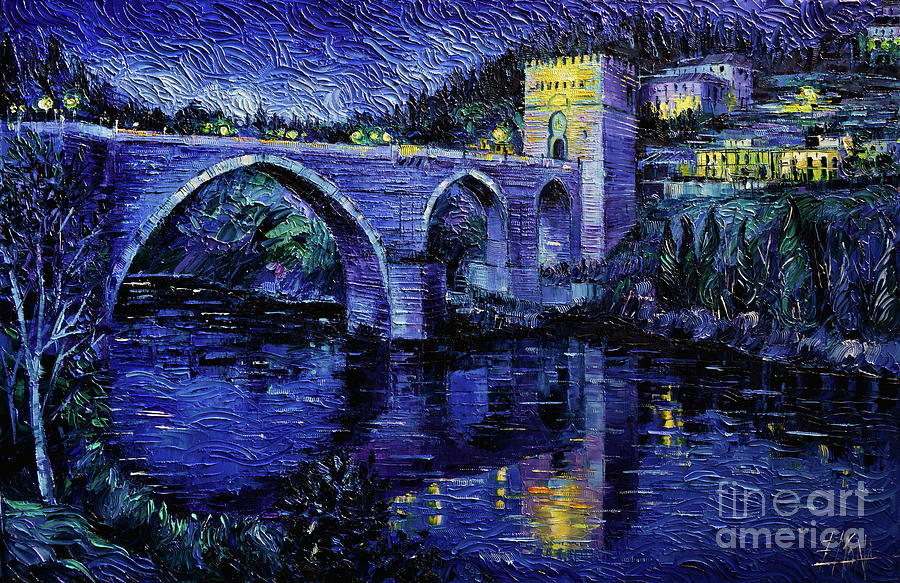 TOLEDO BRIDGE BY NIGHT impressionist knife oil painting Mona Edulesco Painting by Mona Edulesco