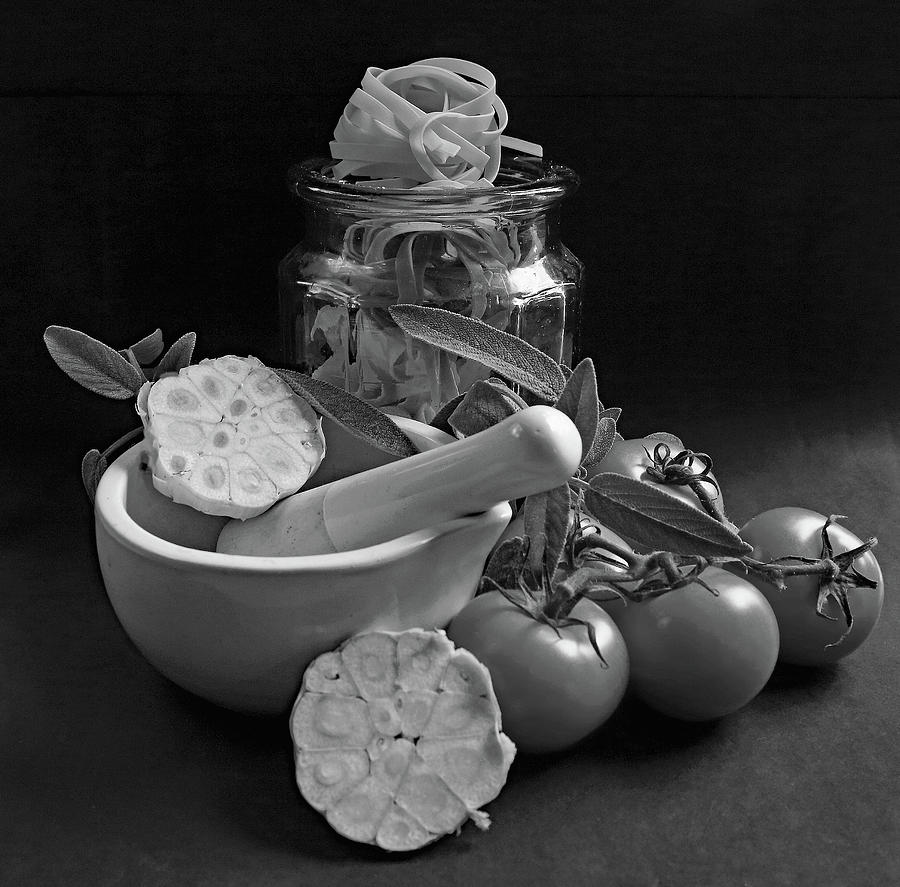 Tomato Garlic Pasta and Herb Monochrome Photograph by Jeff Townsend