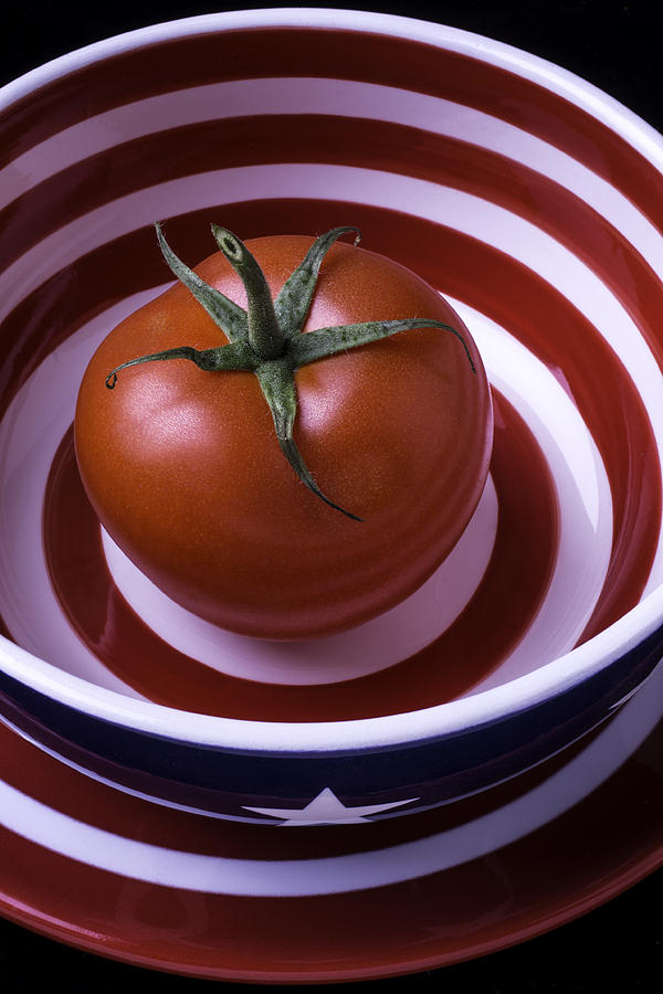 Tomato In Red And White Bowl Photograph by Garry Gay
