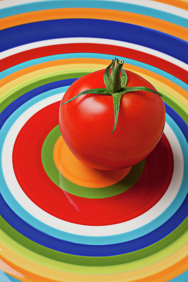 Still Life Photograph - Tomato on plate with circles by Garry Gay