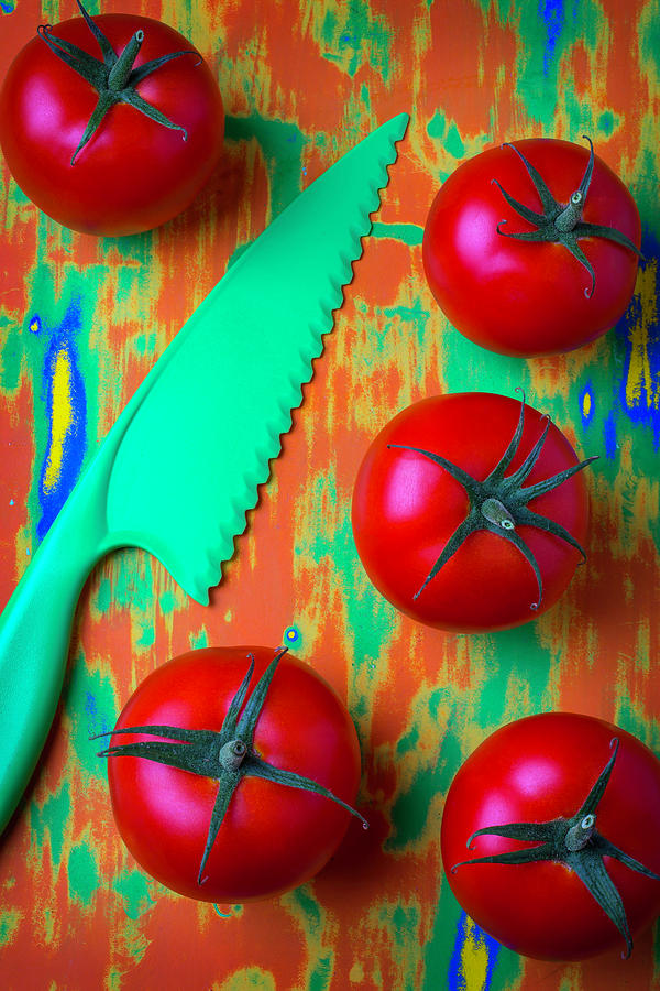 Tomatoes And Green Knife Photograph by Garry Gay