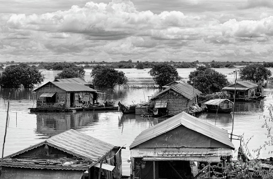 Tonle Sap Housing on River BW Photograph by Chuck Kuhn