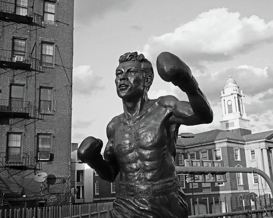 Tony DeMarco Boxer Statue North End Boston MA Sunset Black and White Photograph by Toby McGuire
