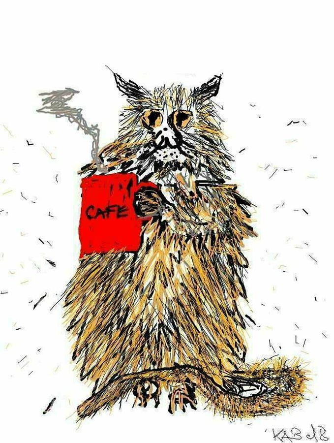 Too Much Coffee Cat Drawing by Kathy Barney