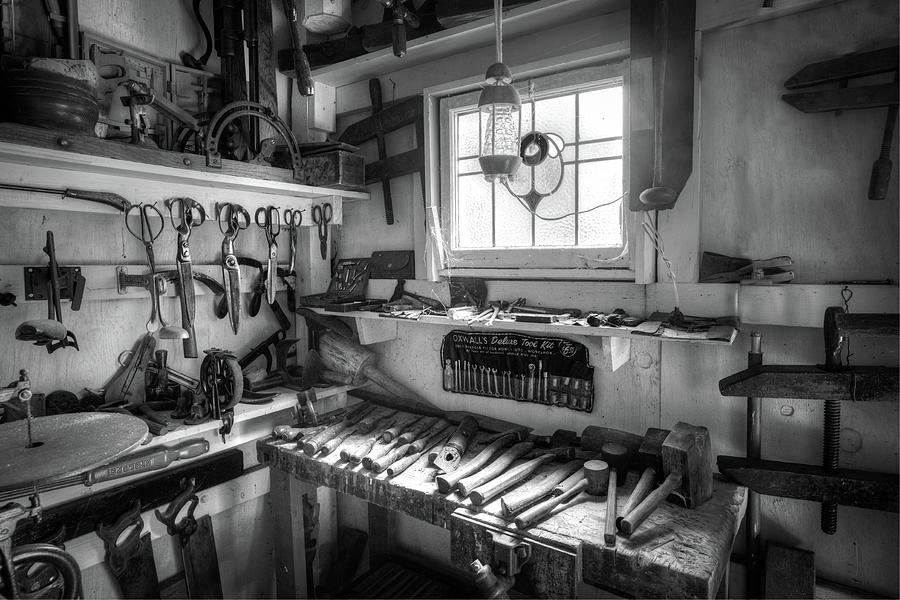Tools in the Shop Black and White Photograph by Debra and Dave Vanderlaan