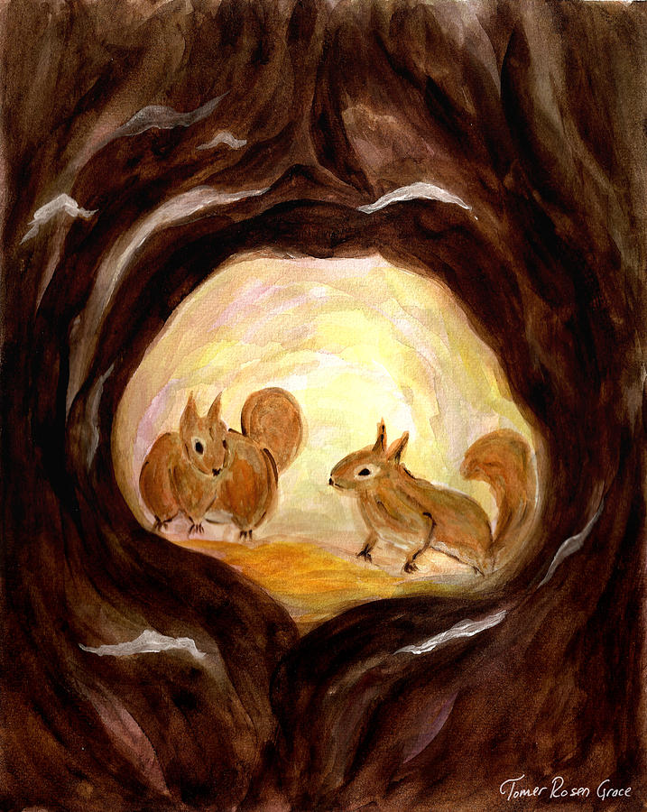 Squirrel Painting - Squirrels Exchange Worried Glances by Tomer Rosen Grace