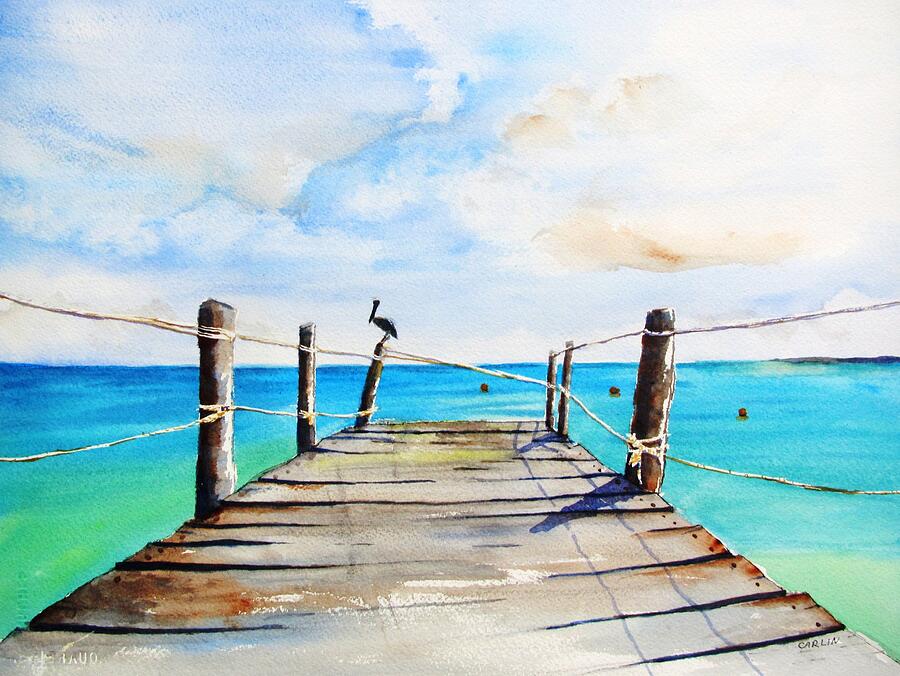 Pelican Painting - Top of Old Pier on Playa Paraiso by Carlin Blahnik CarlinArtWatercolor