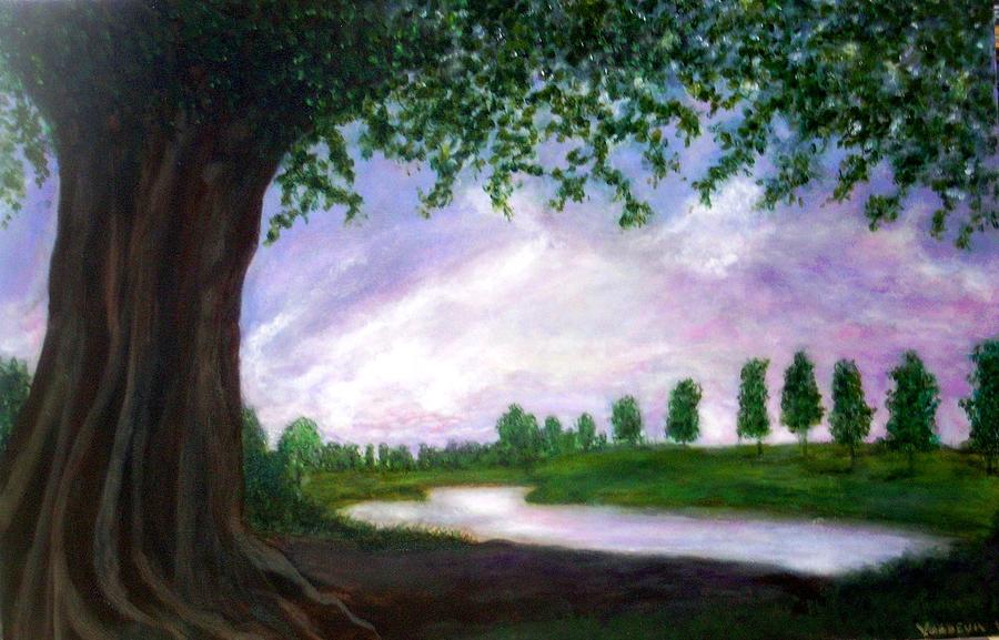 Tormented tree in serene sunset Painting by Marie-Line Vasseur