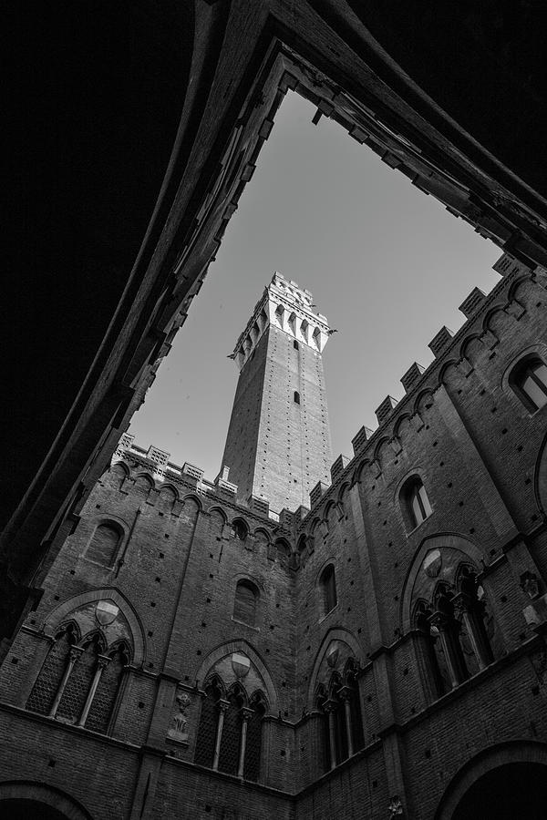 Torre Del Mangia Siena Italy Black and White  Photograph by John McGraw