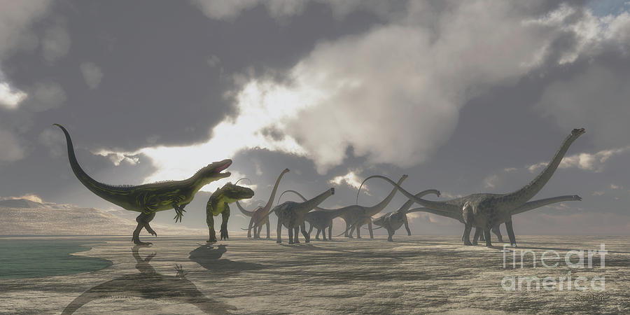 Torvosaurus And Diplodocus Dinosaurs Digital Art