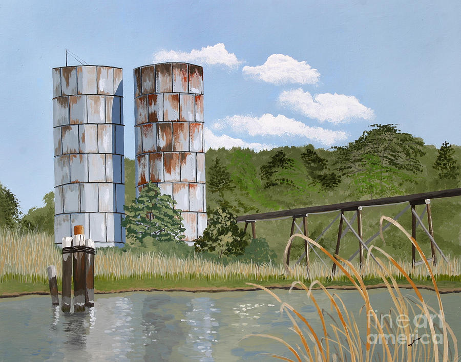 River Scene Painting - Totuskey Silos by Jennifer Donald River Scene Painting - Totuskey Silos by Jennifer Donald